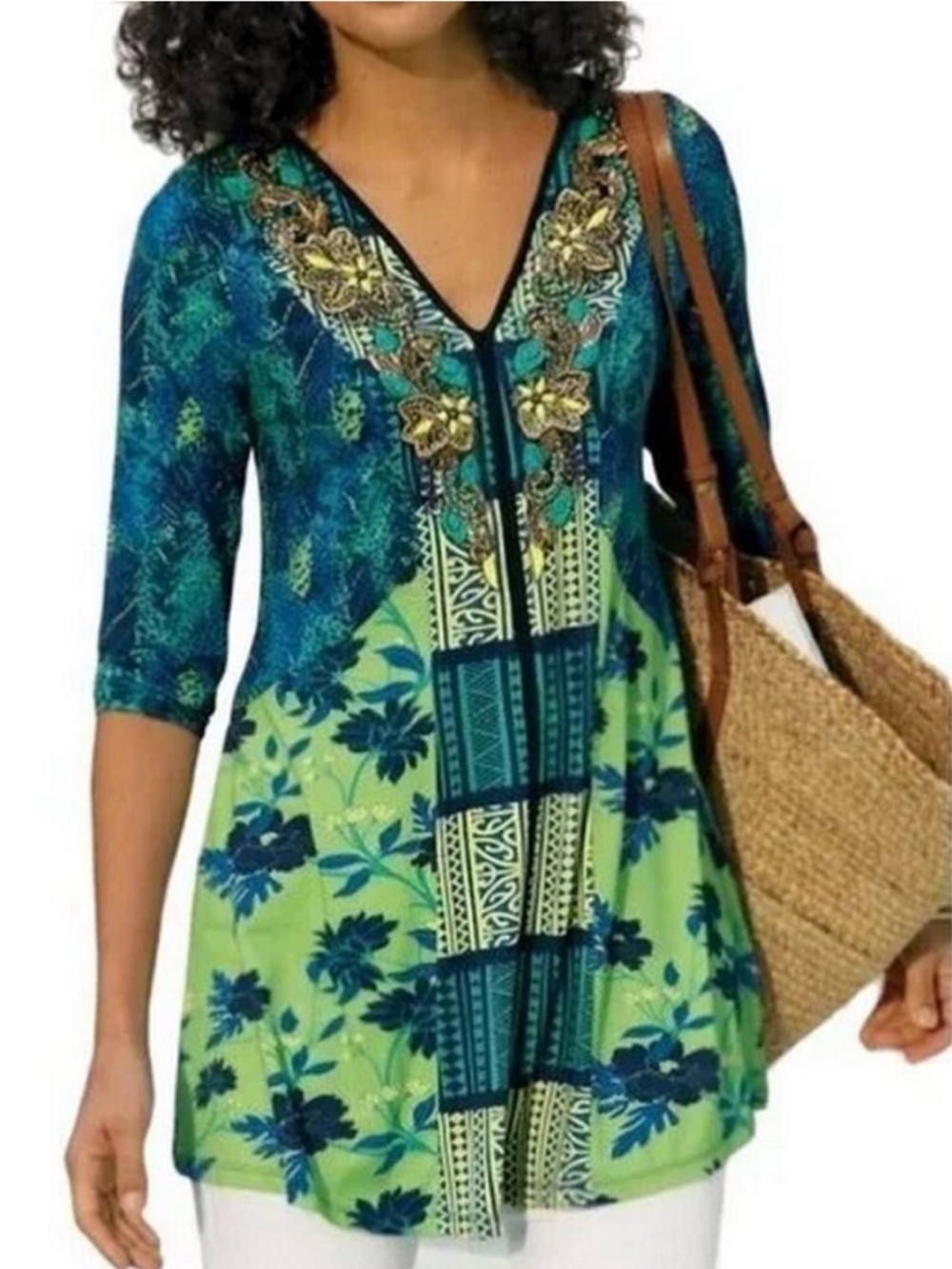 Soft Surroundings Teal and Lime Floral V-Neck Tunic with Embroidered Trim